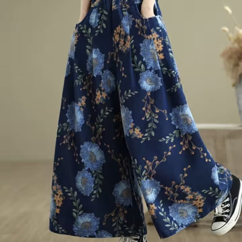 Cute Taobao Wide Leg Blue Floral Boho Printed Jeans Sz L